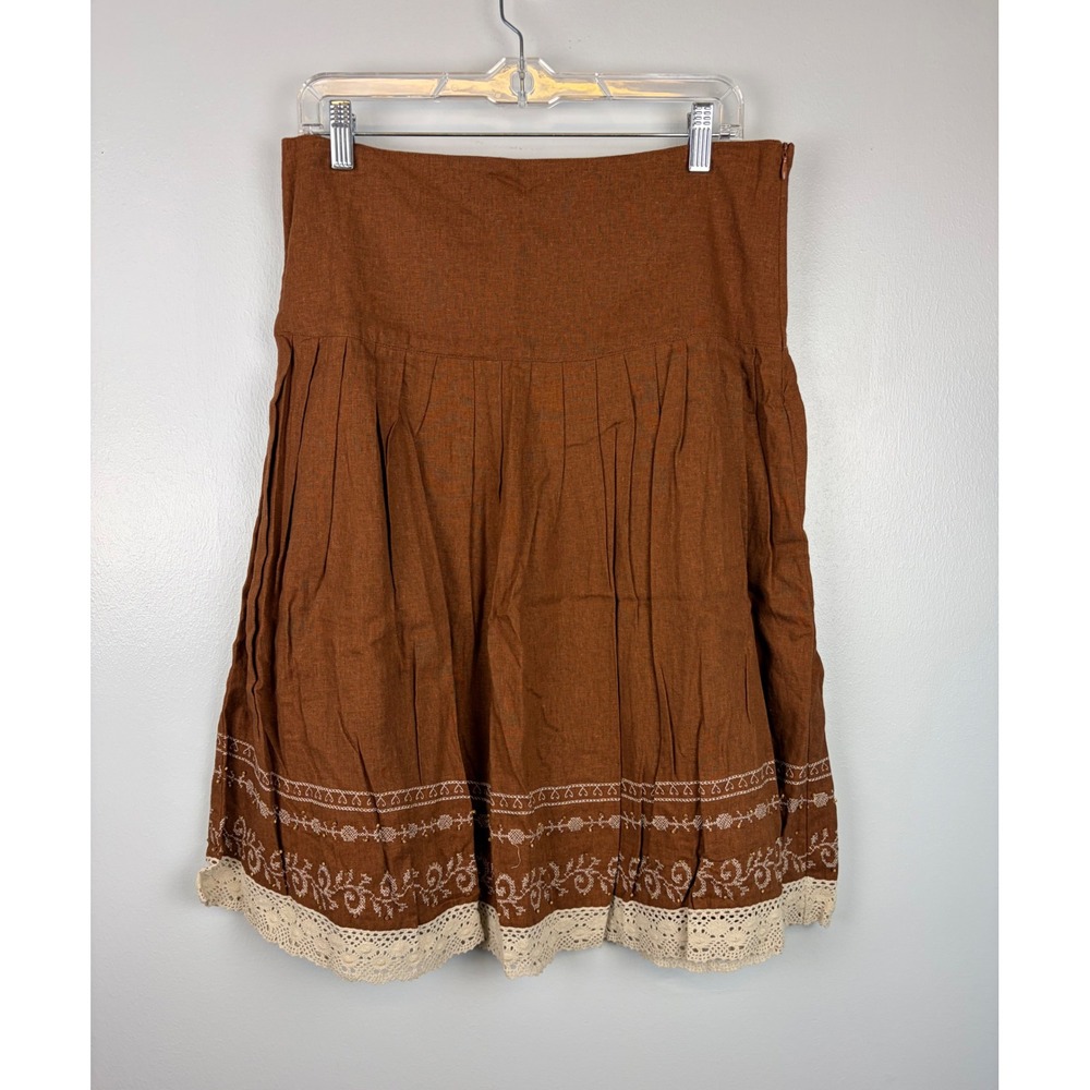 NWT Ninety Brown Linen Embroidered Lace Midi Skirt Medium Boho Festival‎ Granola